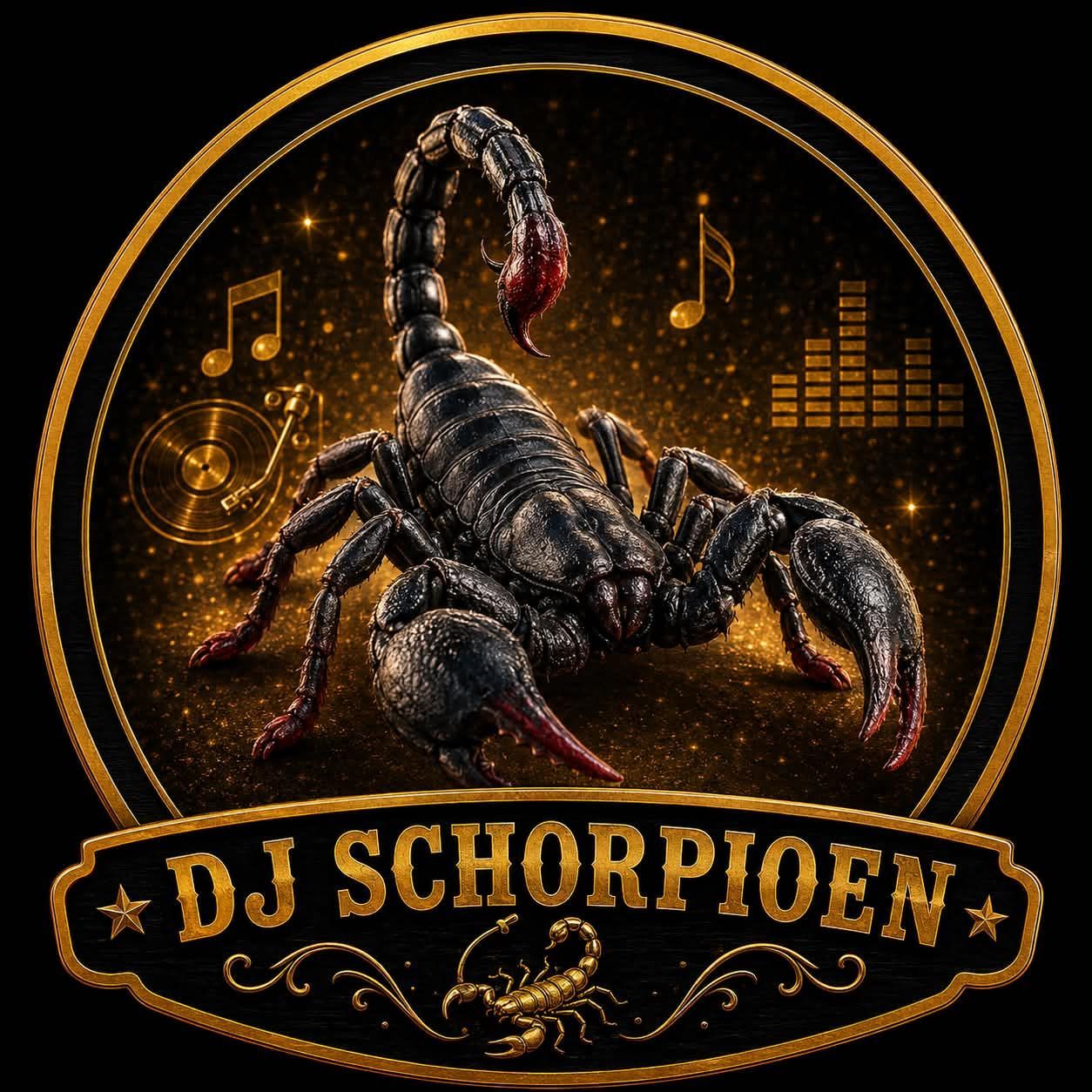 Neonpaarse DJ-graphic met een schorpioen in een omlijst paneel en het woord 