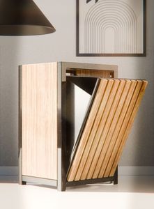 Modern wooden cabinet with slatted front, shown in a minimalist interior setting.