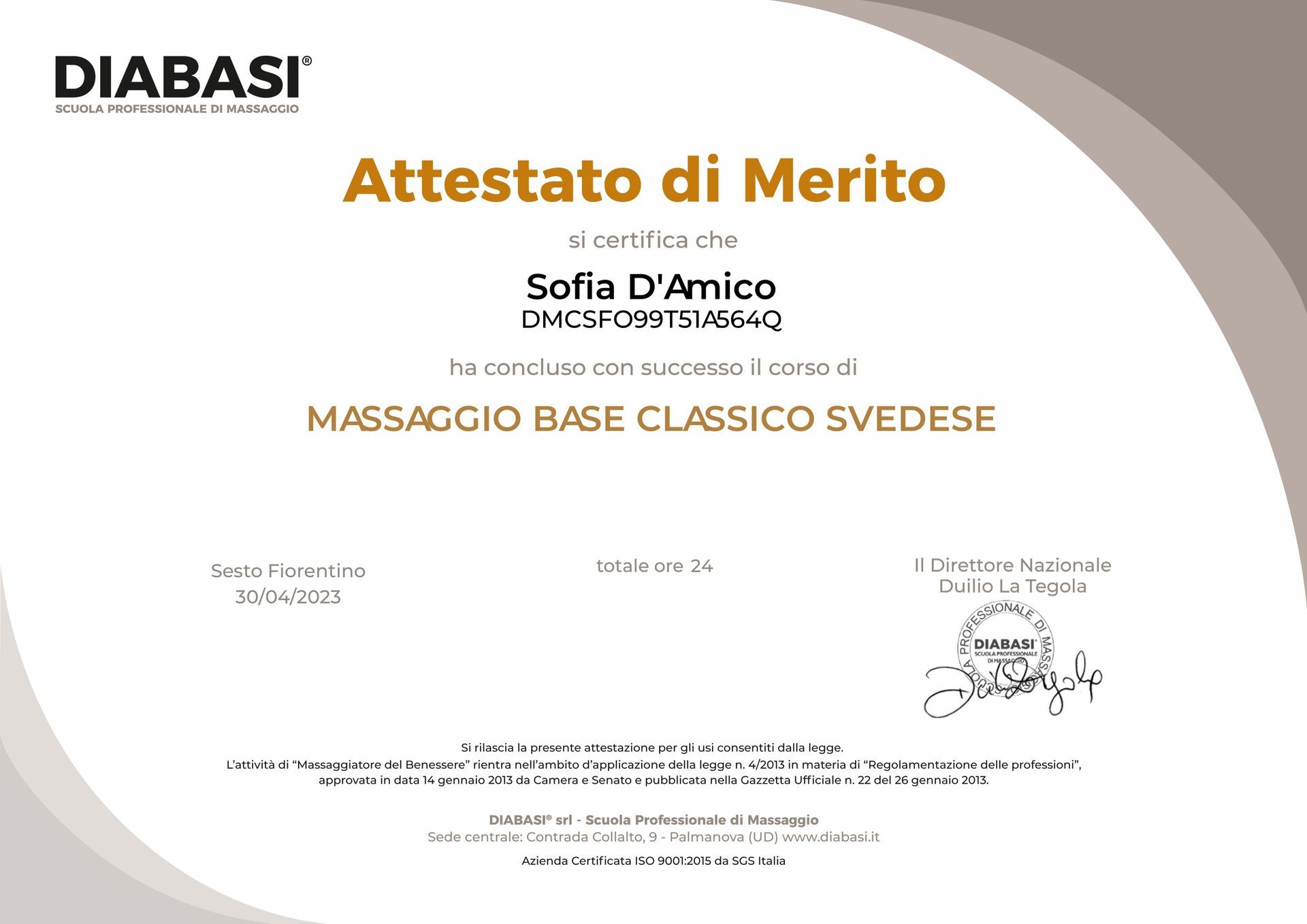 A certificate that says attestato di merito on it.