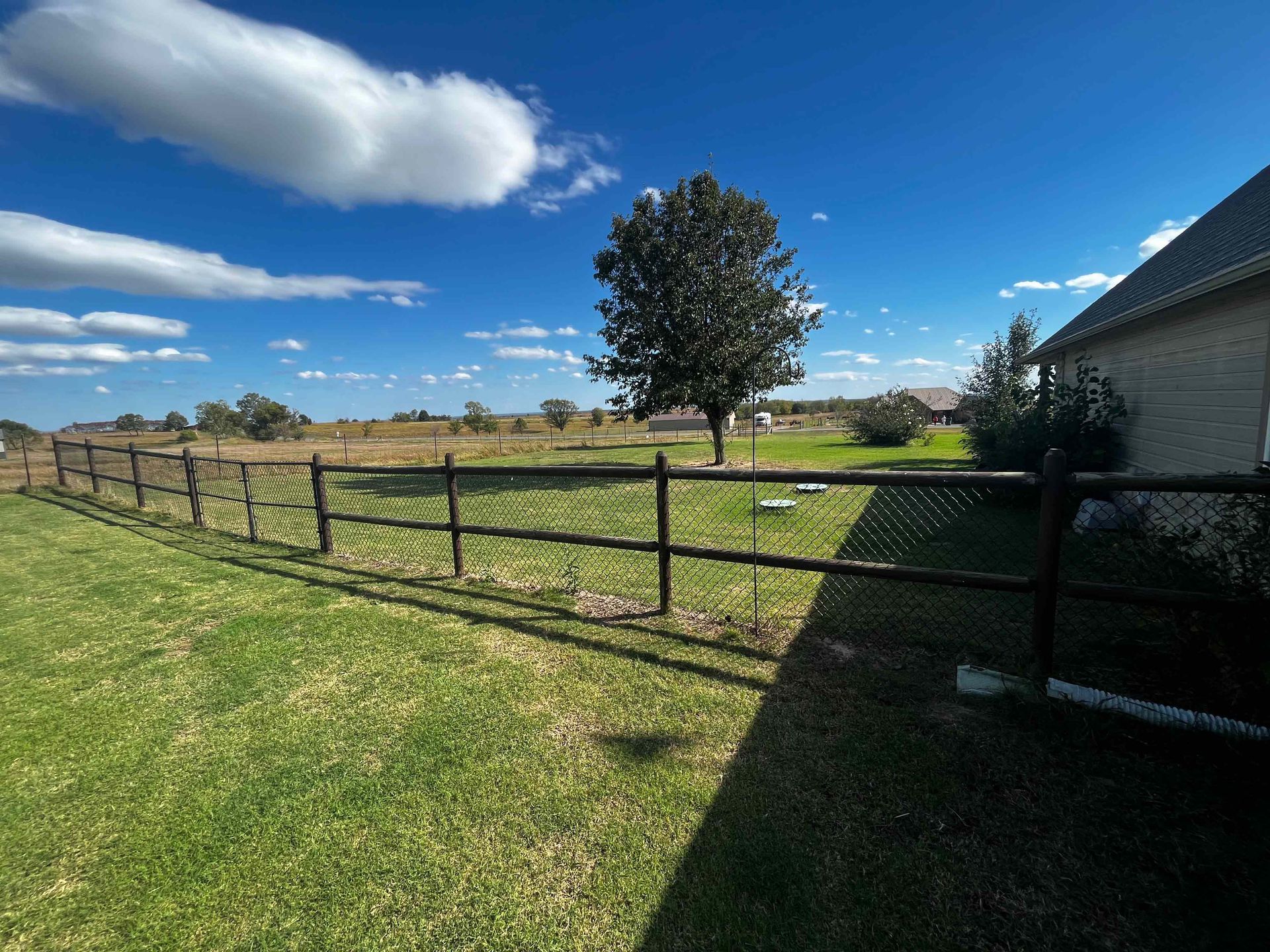Sunny backyard with a fenced grassy field, a large tree, and a house casting shade on the right.