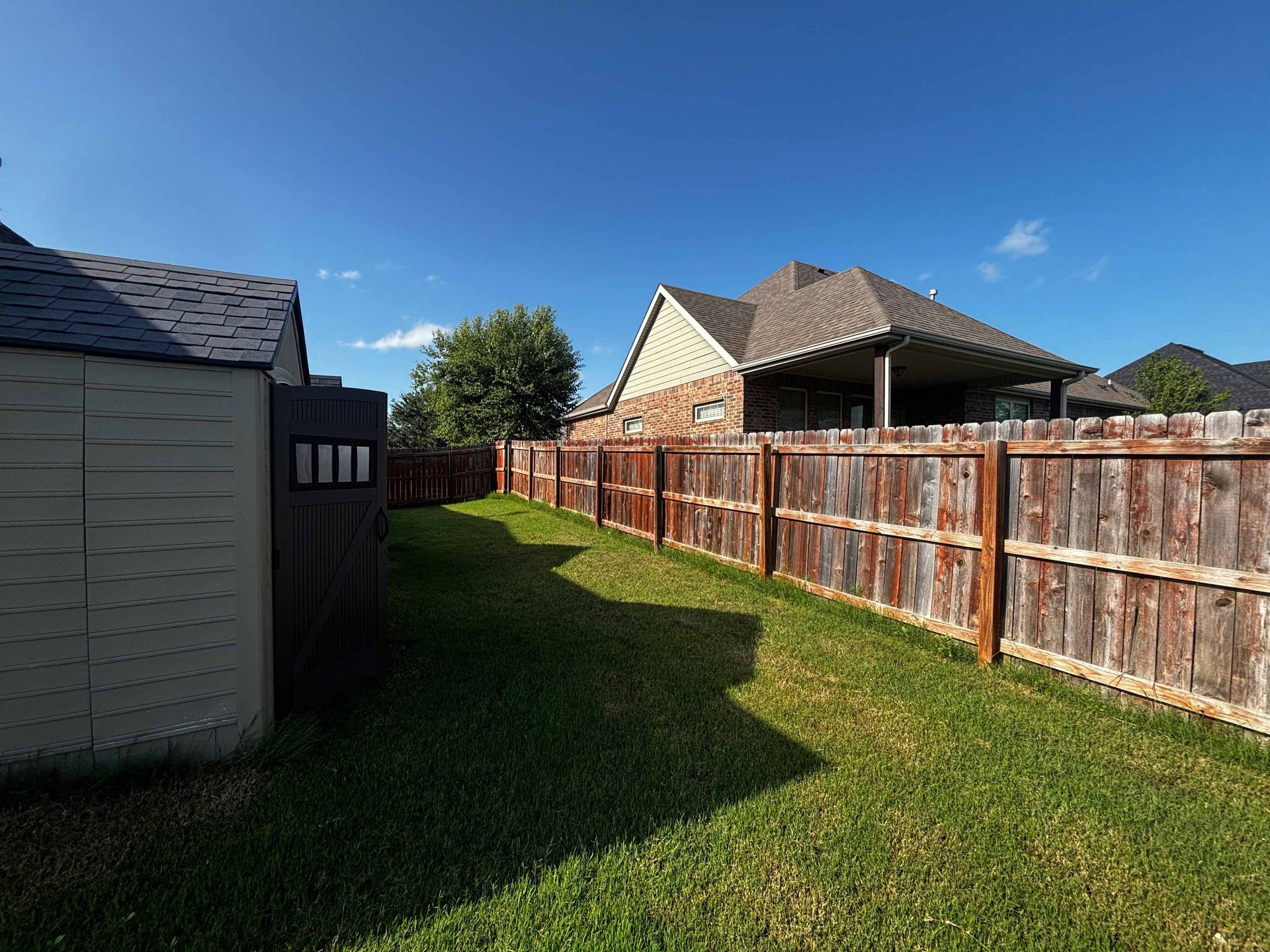 Narrow grassy backyard path beside a wooden fence and a shed, with houses under a clear blue sky.