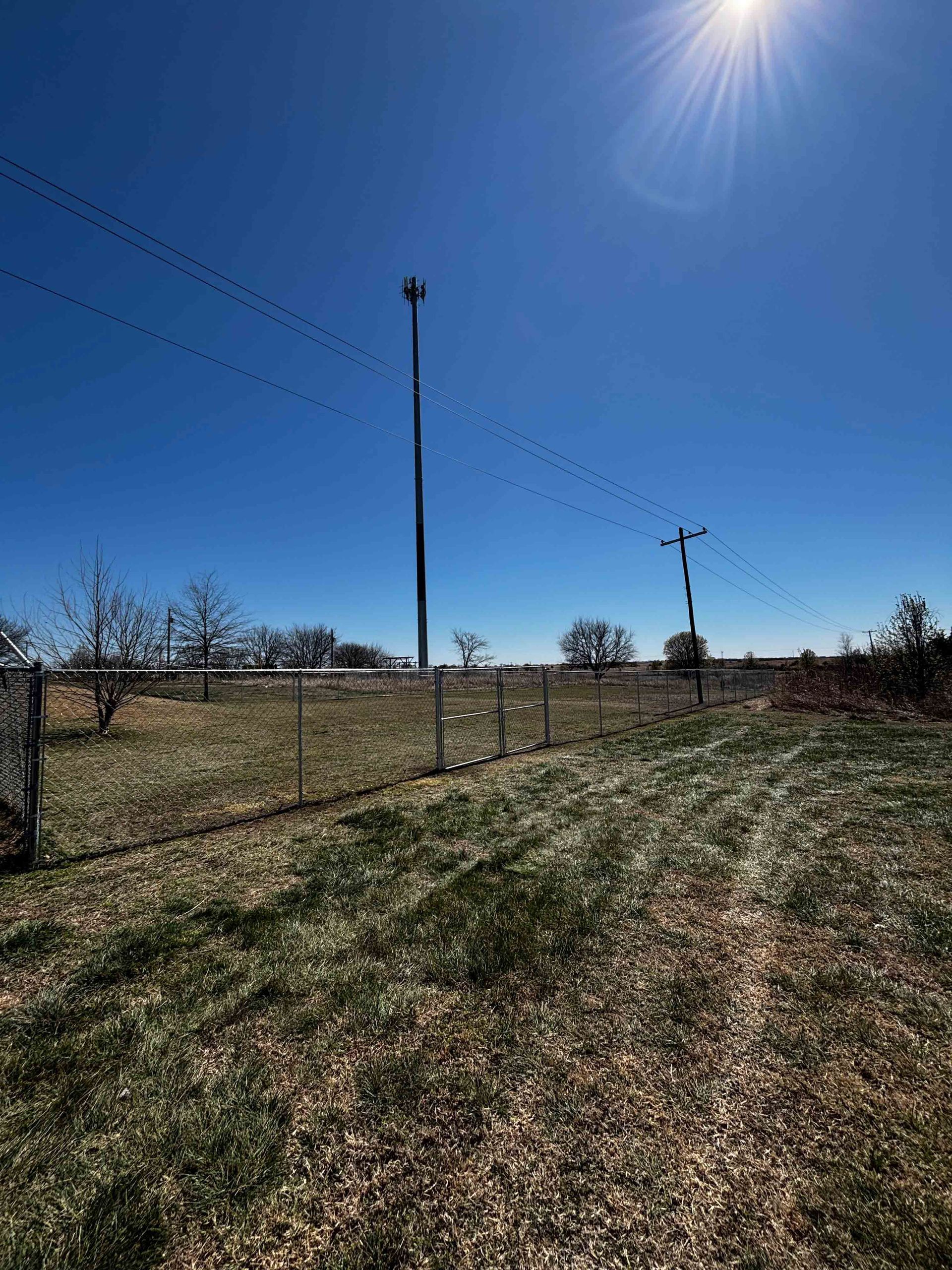 Sunny rural field with a chain-link fence, utility poles, and a clear blue sky