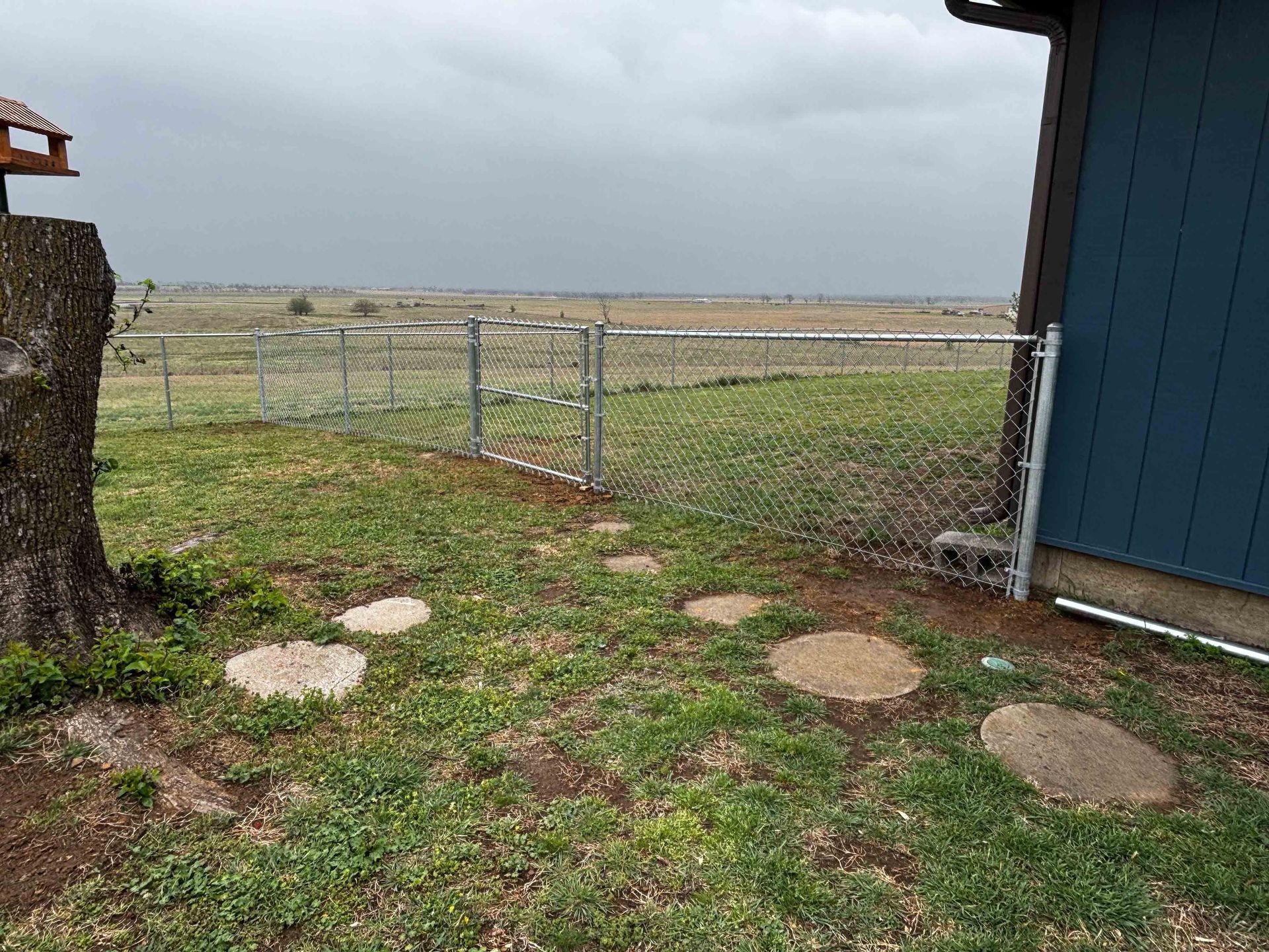 Grassy yard with stepping stones beside a blue building and chain-link fence under a gray sky