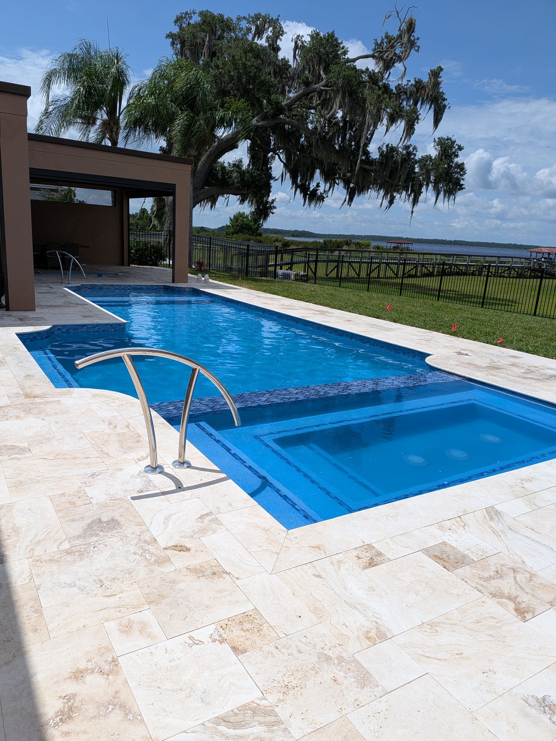 Blue outdoor swimming pool with a metal ladder, patio, and distant landscape under a tree