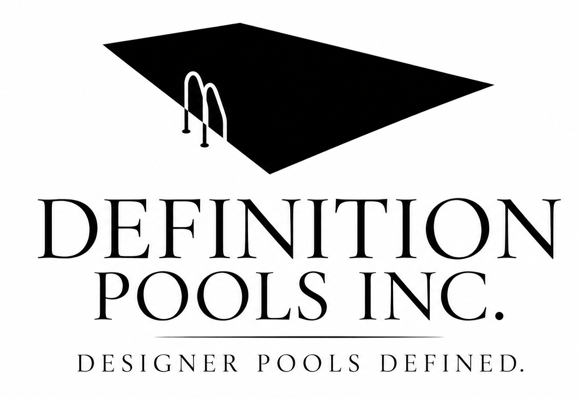 Definition Pools Inc. logo with black pool graphic and slogan “Designer pools defined.”