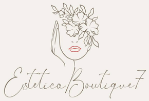 Disegno a tratteggio di una donna con fiori, mano sul viso; sotto si legge "Estetica Boutique 7".