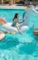People floating on unicorn and rainbow pool inflatables in a sunny swimming pool