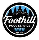 Foothill Pool Service logo with mountains, trees, blue waves, and “Est. 2021” in a black circle
