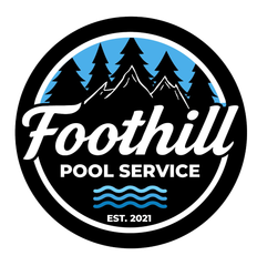 Foothill Pool Service logo with mountains, trees, blue waves, and “Est. 2021” in a black circle
