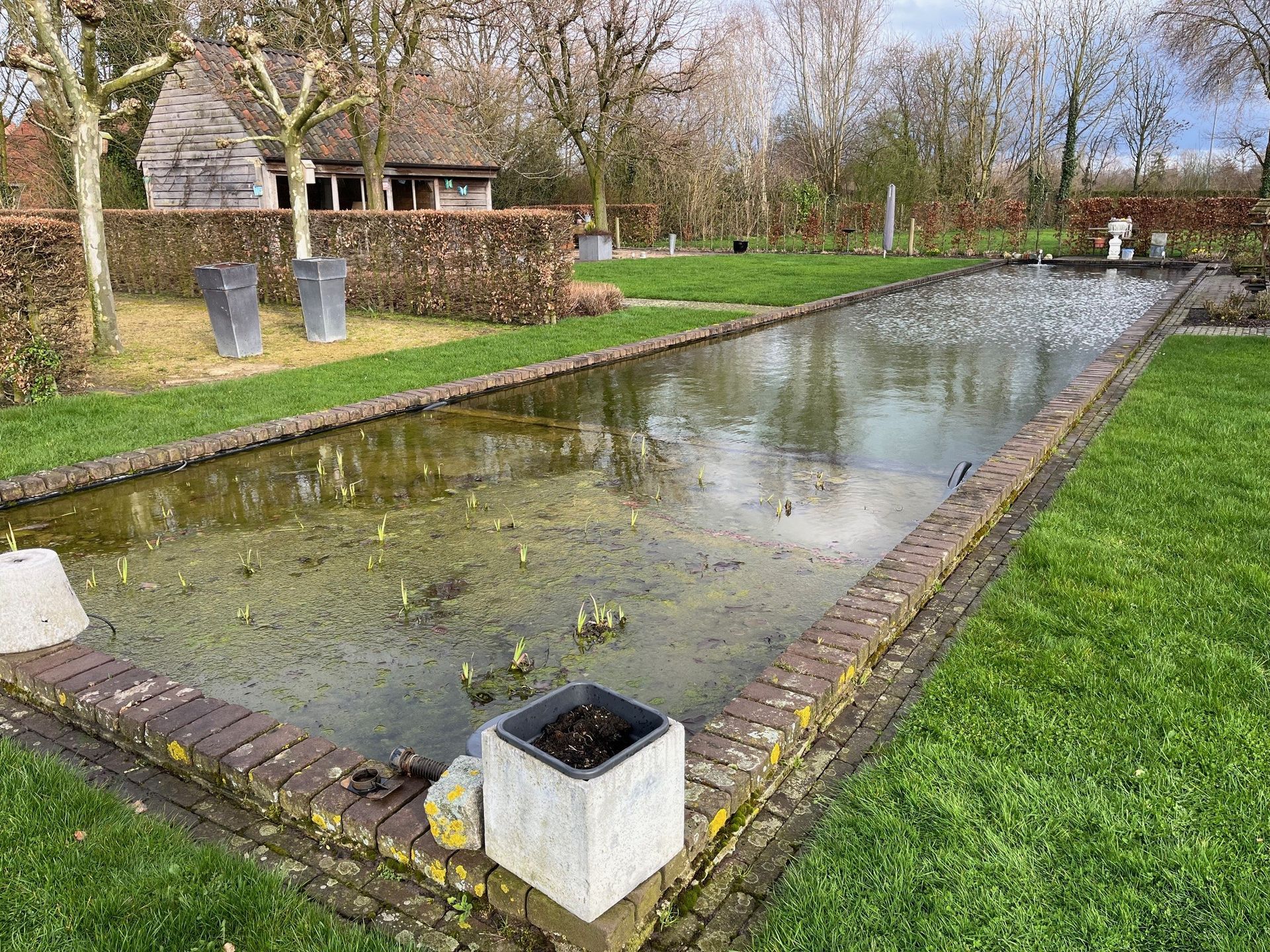 Een reflecterend waterbassin in de openlucht, gelegen naast een bakstenen pad en een grasveld, met een bankje en bomen op de achtergrond.