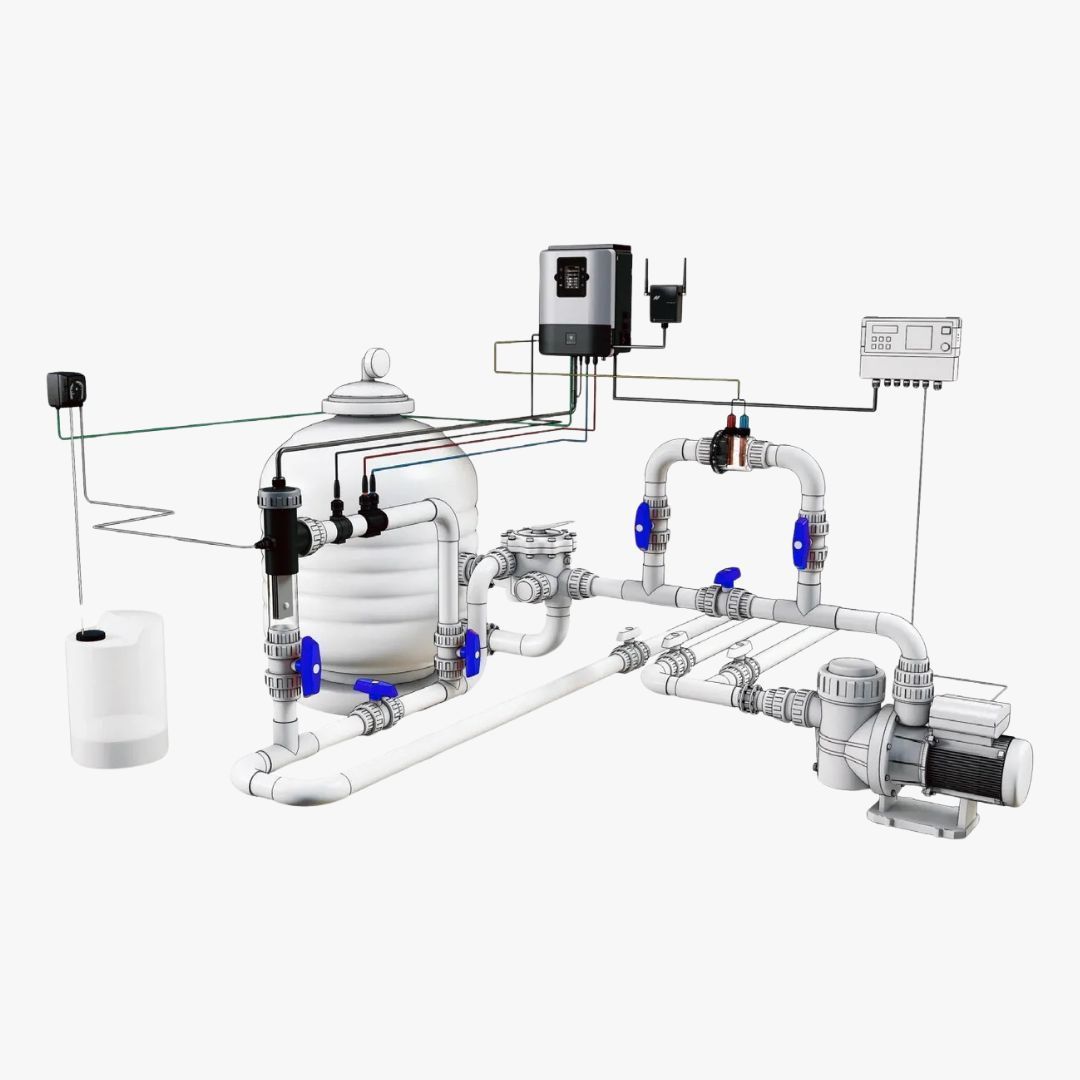 Een 3D-model van een zwembadfiltratiesysteem.