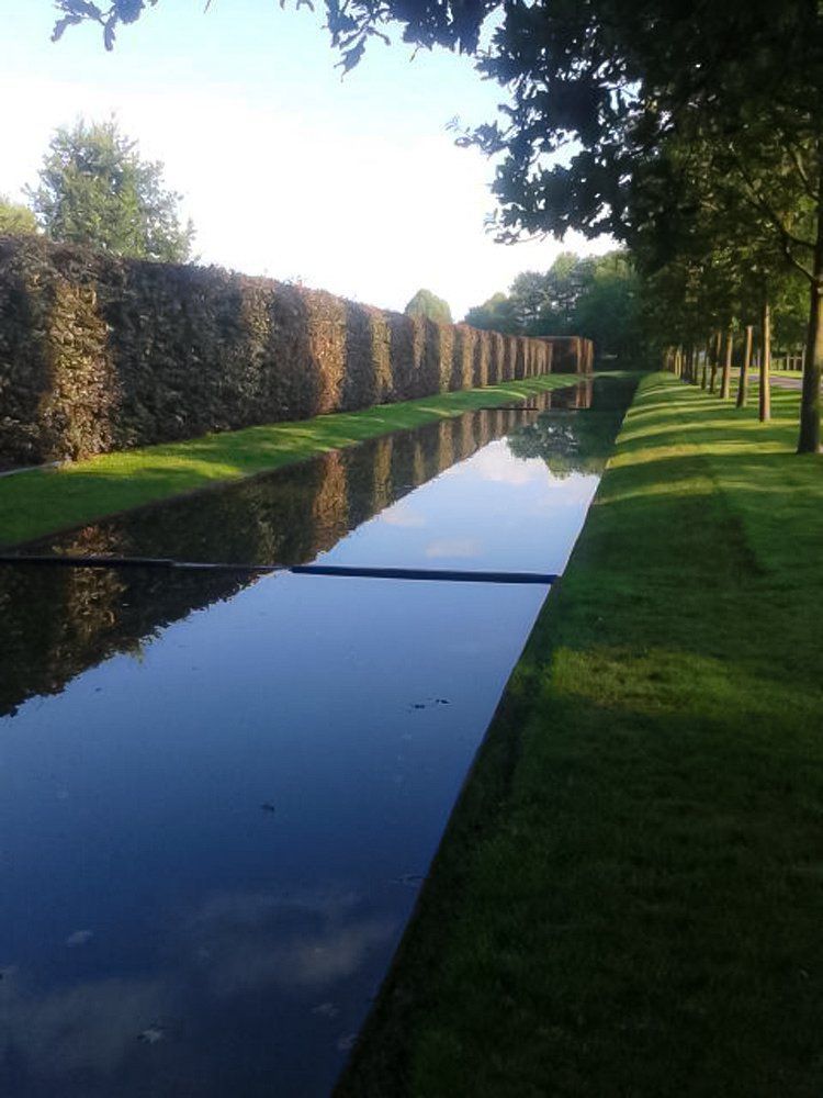 Een groot waterlichaam omgeven door bomen en gras