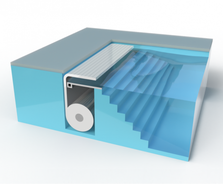 Een 3D-model van een zwembad met trap en rolluik.