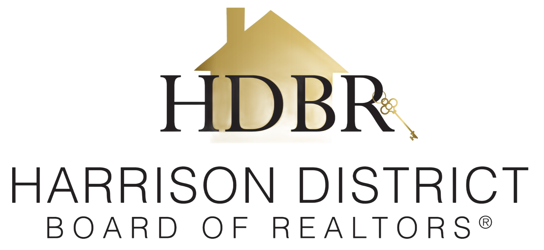 Logo of Harrison District Board of Realtors, gold house icon above black text, a gold key graphic to the right.