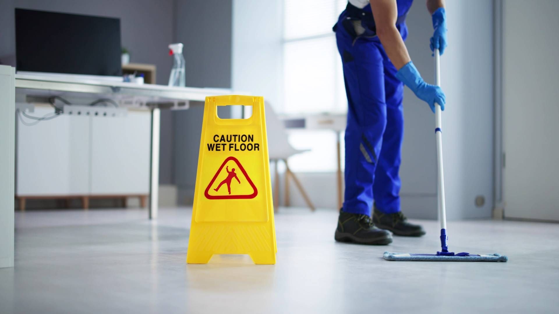 A man is mopping the floor next to a caution wet floor sign.