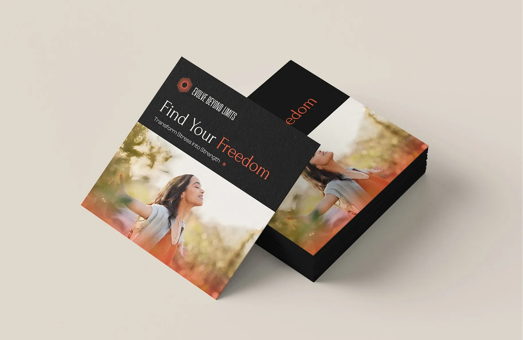 Stack of square cards; top card features woman with arms outstretched, text 