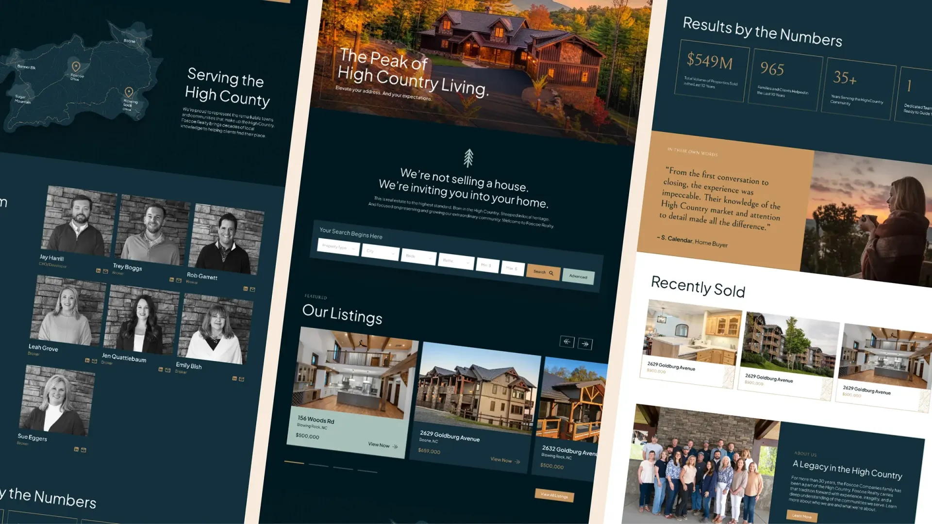 Three website mockups on teal backgrounds, each showing travel photos, text blocks, and layout sections.
