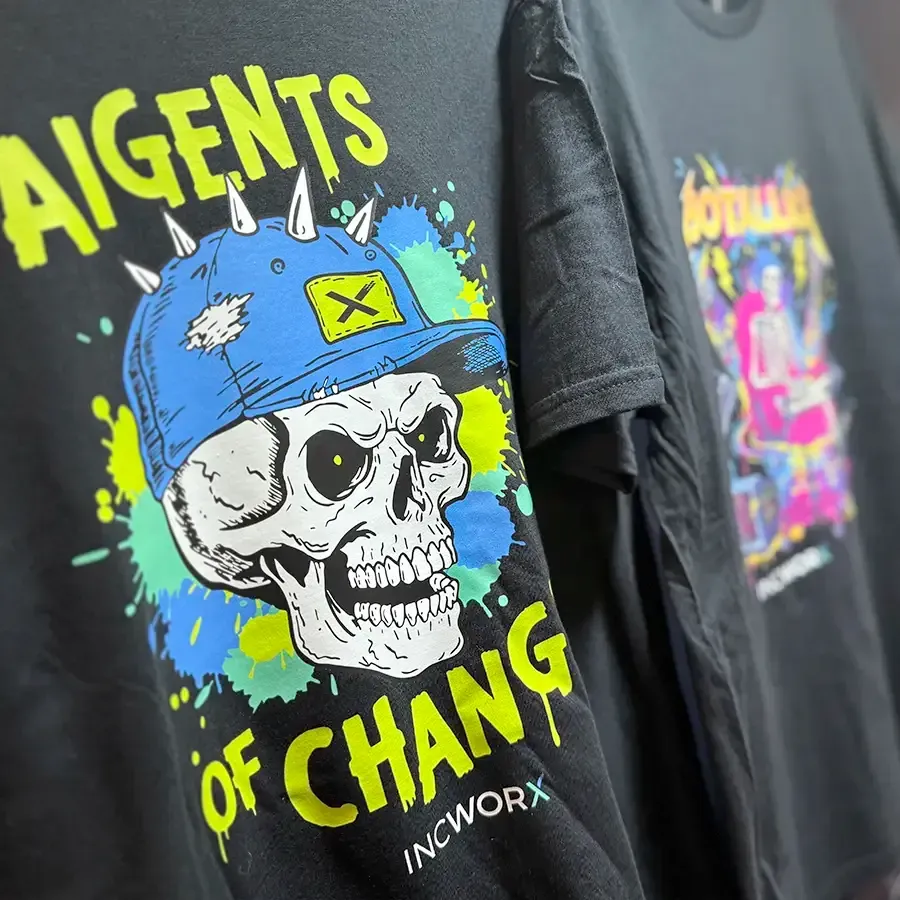 IncWorx Death to Legacy Systems campaign t-shirt featuring skull and robot character design