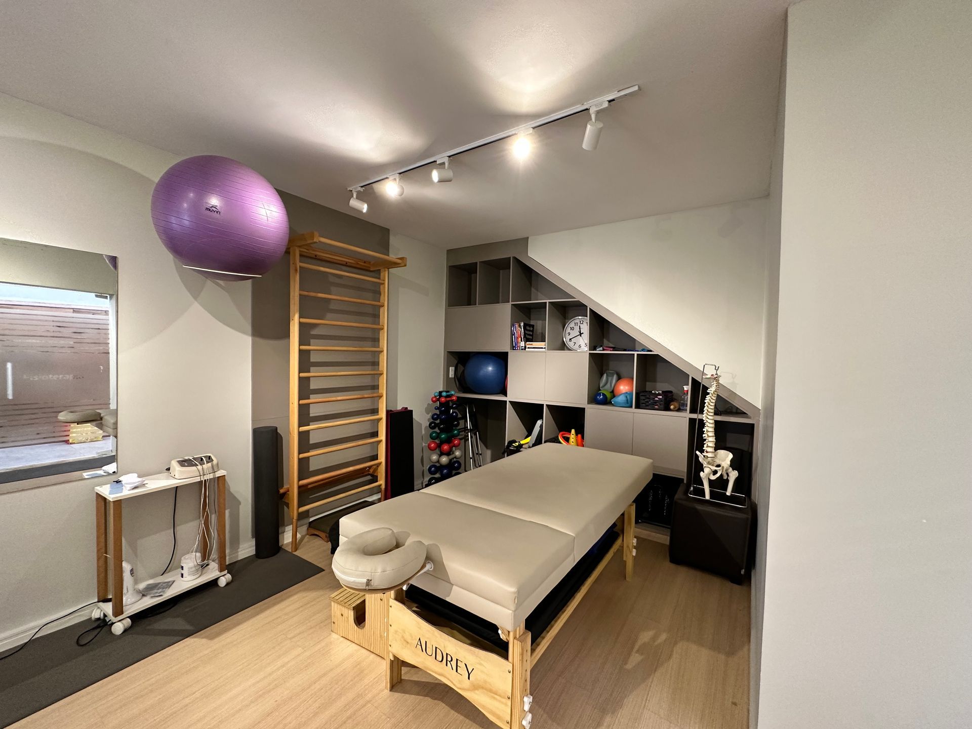 Sala de tratamento com maca de massagem, barras de apoio na parede, prateleiras e uma bola de exercícios roxa