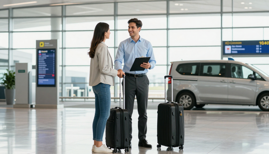 Driver welcomes a passenger with suitcases inside the terminal for Airport Transfer in Addis Ababa and comfortable travel.