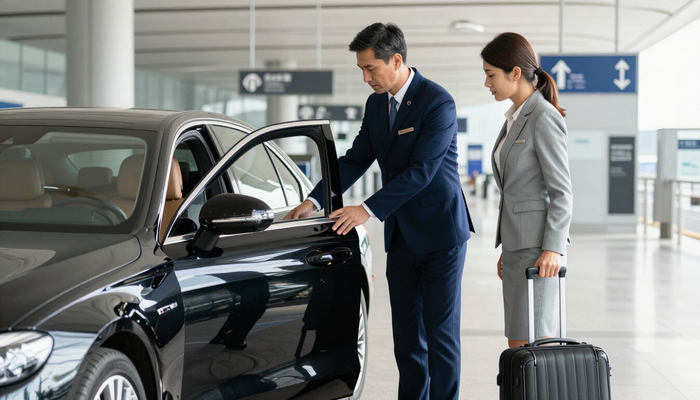Chauffeur opens a vehicle door for a traveler with luggage during Airport Transfer in Addis Ababa for an easy departure.