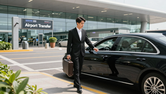 Traveler stands beside a black sedan outside the terminal for Airport Transfer in Addis Ababa with private transport.