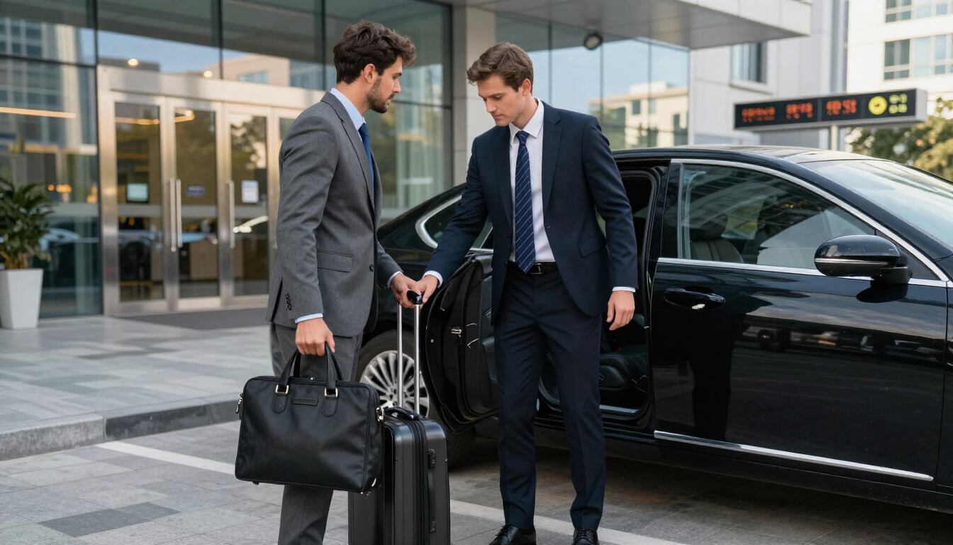 Driver greets a business traveler beside a black car for Airport Transfer in Addis Ababa with luggage assistance included.