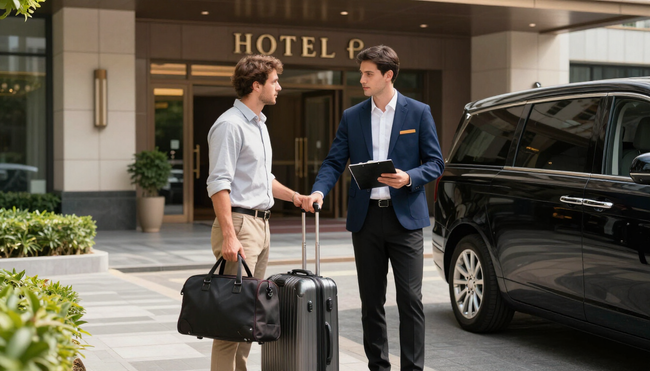 Hotel guest greets a professional driver beside an SUV for Airport Transfer in Addis Ababa with hotel transfer assistance.