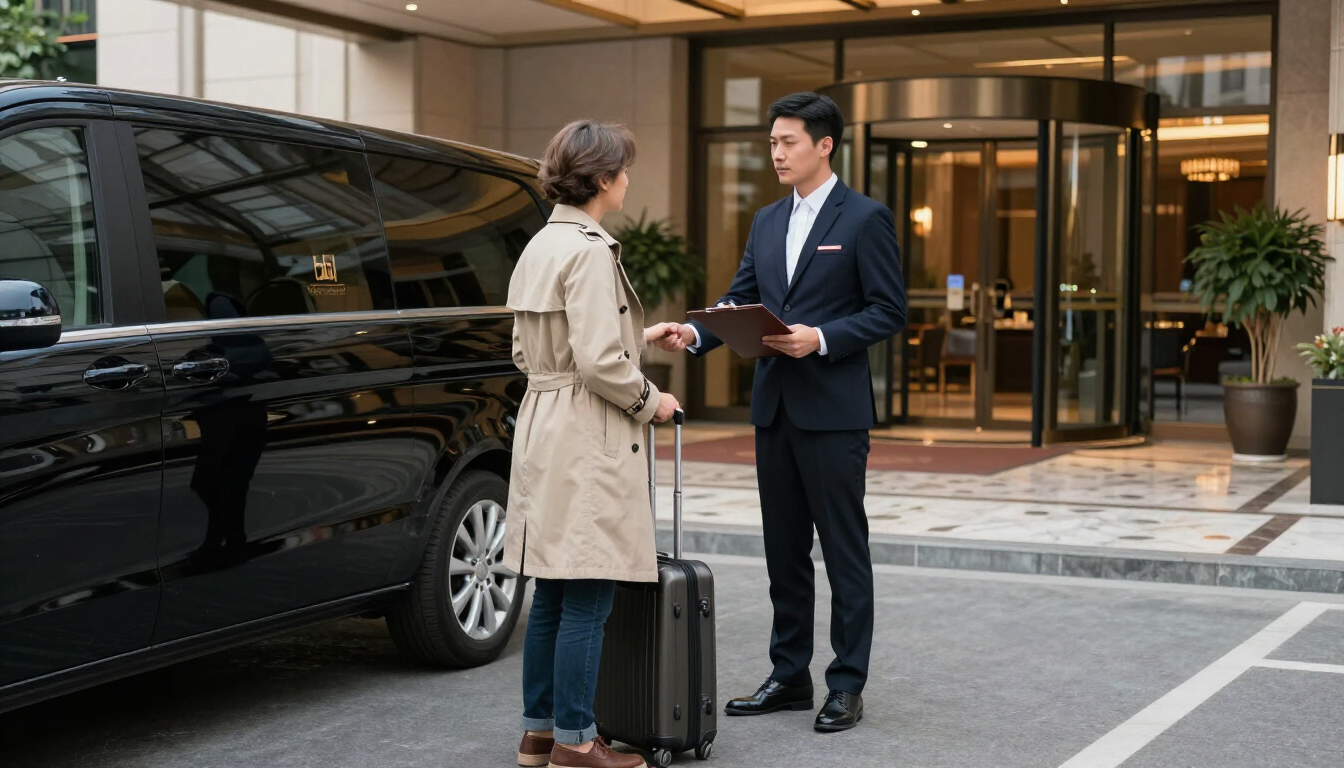 Hotel guest meets a professional driver beside a black vehicle for Airport Transfer in Addis Ababa with luggage support.