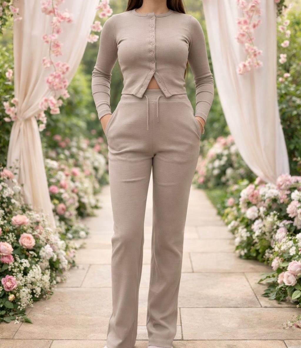 Beige tailored pantsuit with buttoned top, standing in a flower-lined garden archway