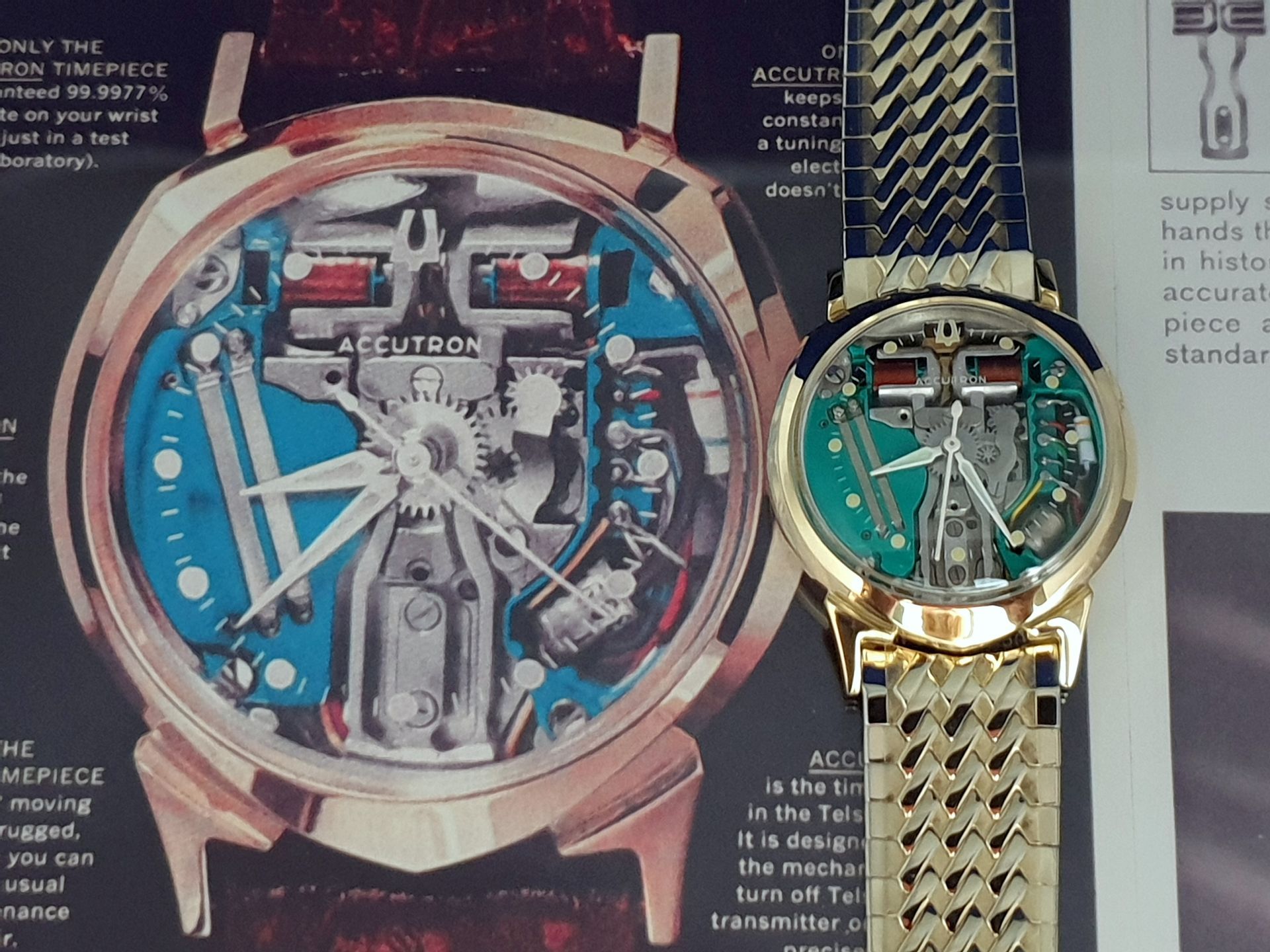 Two luxury wristwatches with skeleton faces, one gold with green dial, one silver on a display ad.