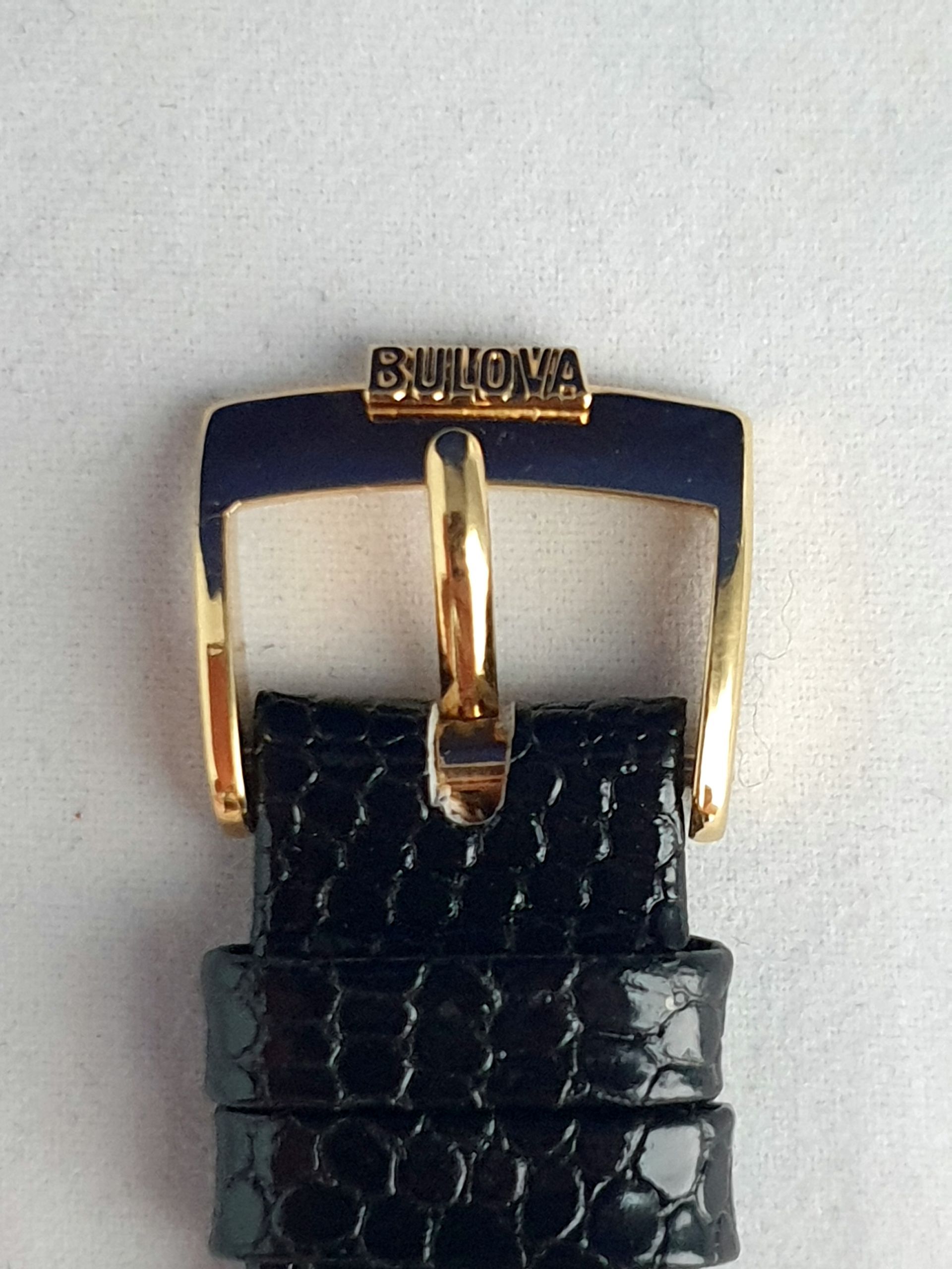 Close-up of a black crocodile-textured leather strap with a gold buckle on a white background