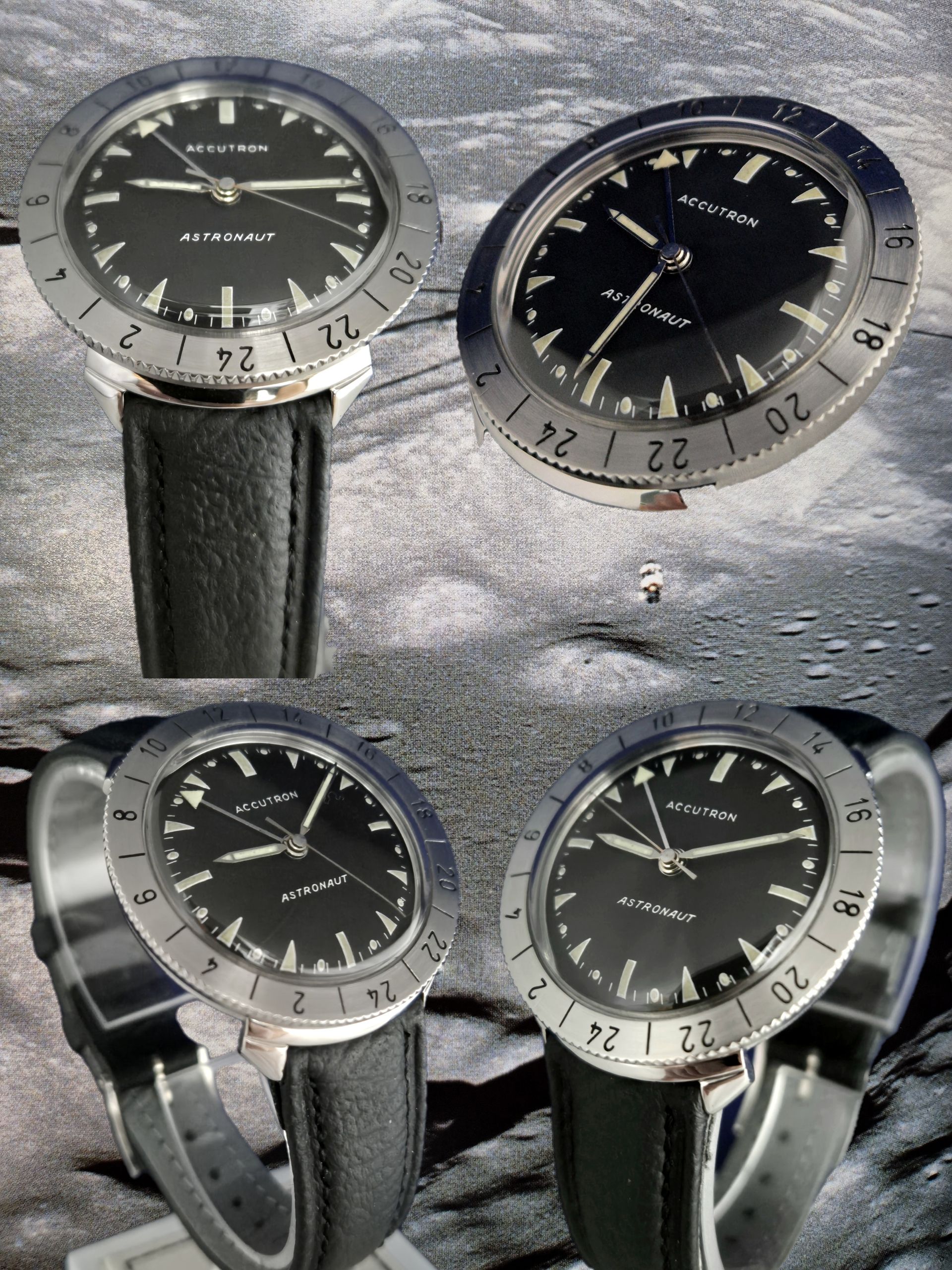 Four wristwatches with black faces and silver bezels arranged on a textured gray surface.