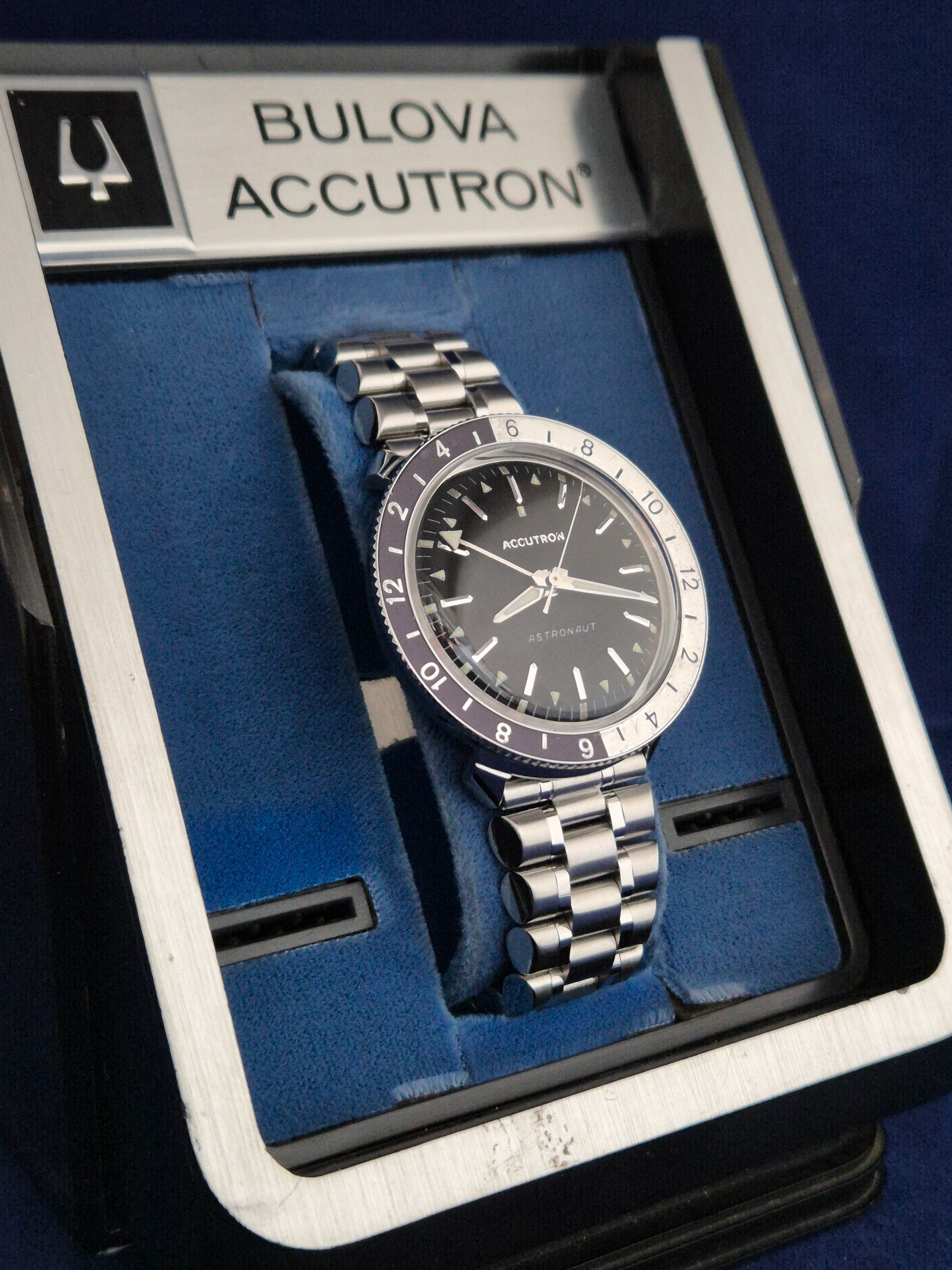 Bulova Accutron wristwatch in a blue and silver presentation box