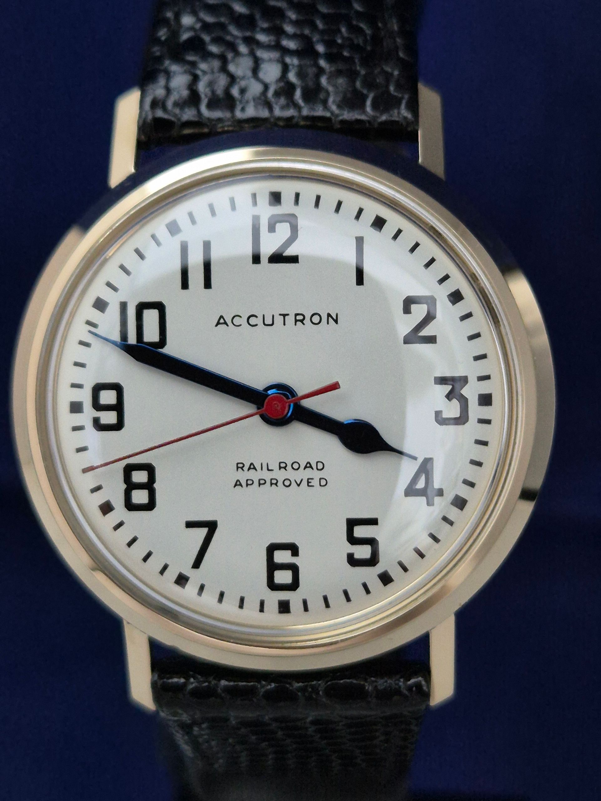 Accutron Railroad Approved wristwatch with white dial and black strap