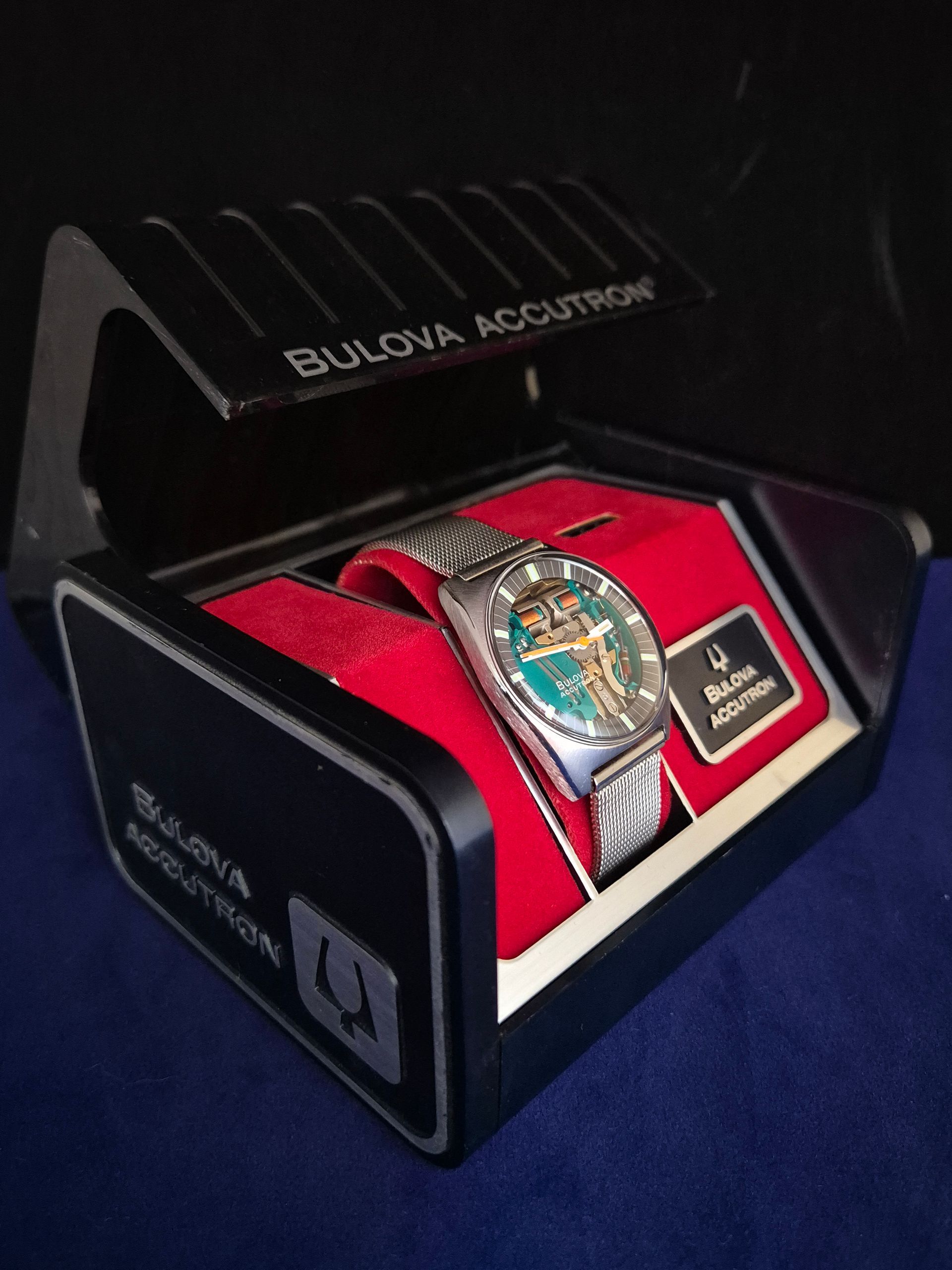 Bulova Accutron watch in black presentation box with red lining and display card