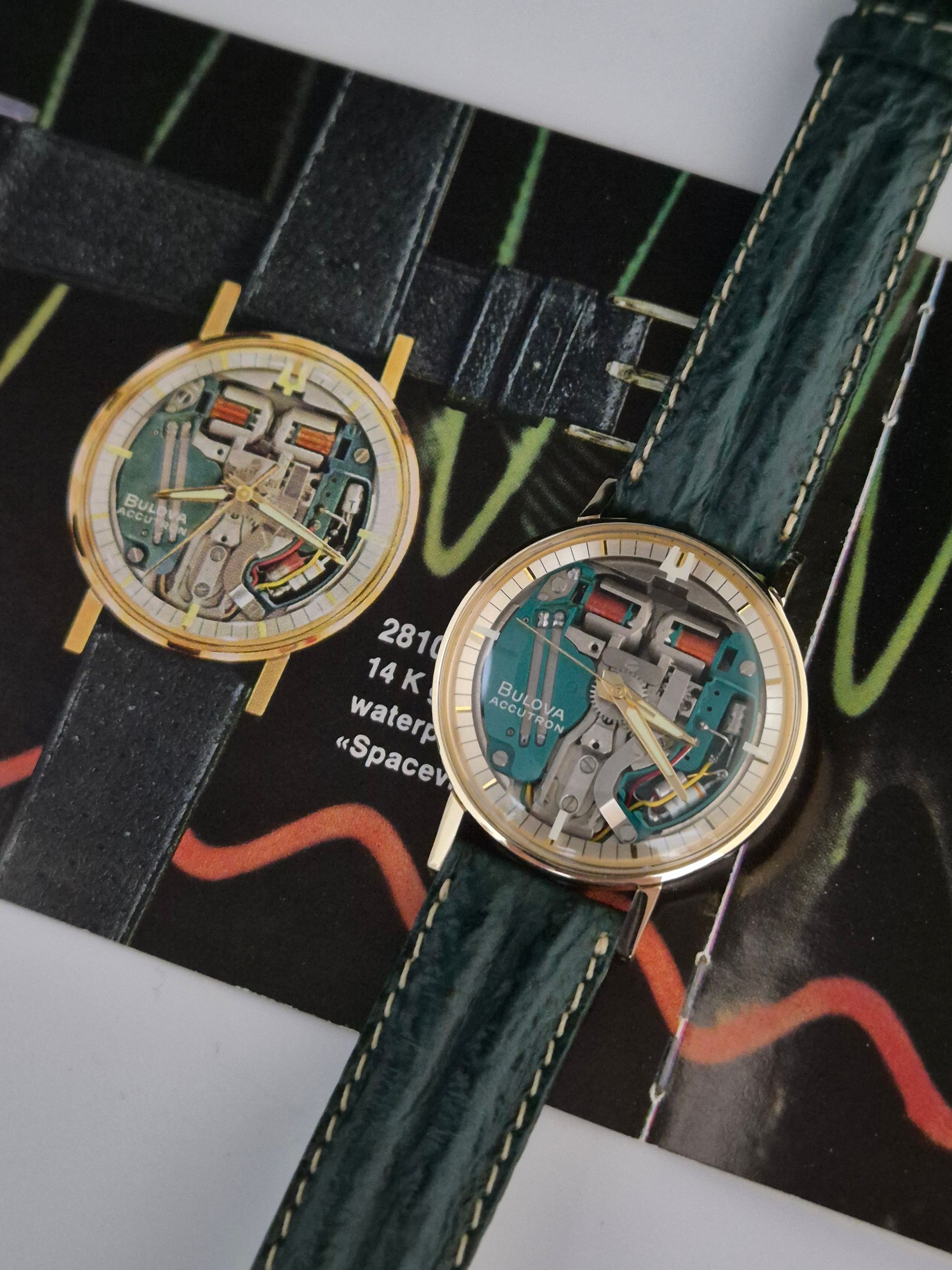 Two wristwatches with skeleton dials, one gold-toned and one rose gold, on dark bands.