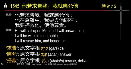 A presentation slide with Chinese and English text about faith and law, along with Greek word roots.