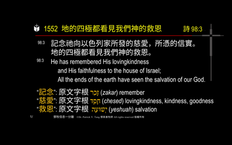 A presentation slide with Chinese and English text about faith and law, along with Greek word roots.
