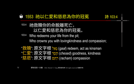 A presentation slide with Chinese and English text about faith and law, along with Greek word roots.