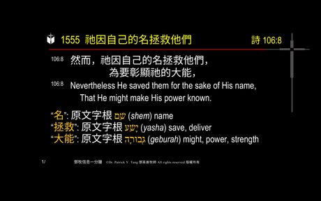 A presentation slide with Chinese and English text about faith and law, along with Greek word roots.