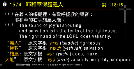 A presentation slide with Chinese and English text about faith and law, along with Greek word roots.