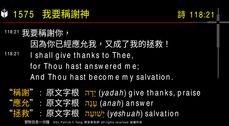 A presentation slide with Chinese and English text about faith and law, along with Greek word roots.