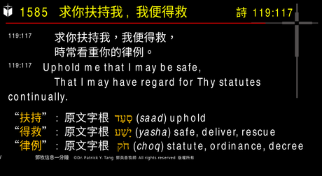 A presentation slide with Chinese and English text about faith and law, along with Greek word roots.