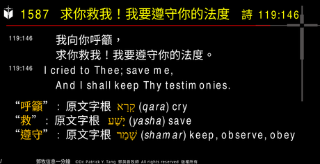 A presentation slide with Chinese and English text about faith and law, along with Greek word roots.