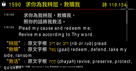 A presentation slide with Chinese and English text about faith and law, along with Greek word roots.