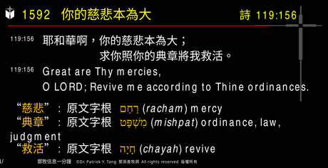 A presentation slide with Chinese and English text about faith and law, along with Greek word roots.