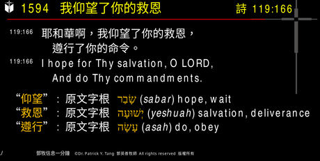A presentation slide with Chinese and English text about faith and law, along with Greek word roots.