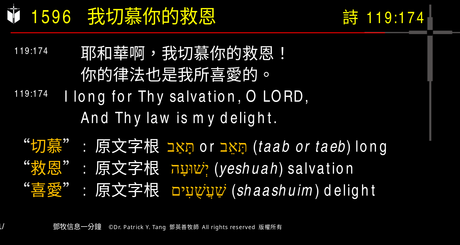 A presentation slide with Chinese and English text about faith and law, along with Greek word roots.