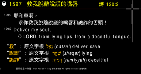 A presentation slide with Chinese and English text about faith and law, along with Greek word roots.